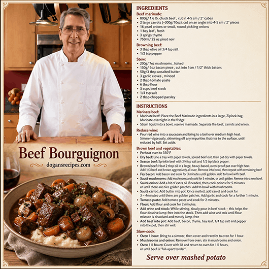 A rich French beef bourguignon stew with tender meat chunks, carrots, and mushrooms in a deep red wine sauce, served in a ceramic bowl.